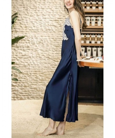 Women's Sexy Satin Long Nightgown Lace Slip Lingerie Chemise Robes - Style2-navy - CS18N7482WW $35.41 Nightgowns & Sleepshirts