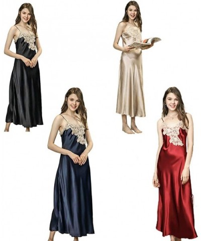 Women's Sexy Satin Long Nightgown Lace Slip Lingerie Chemise Robes - Style2-navy - CS18N7482WW $35.41 Nightgowns & Sleepshirts