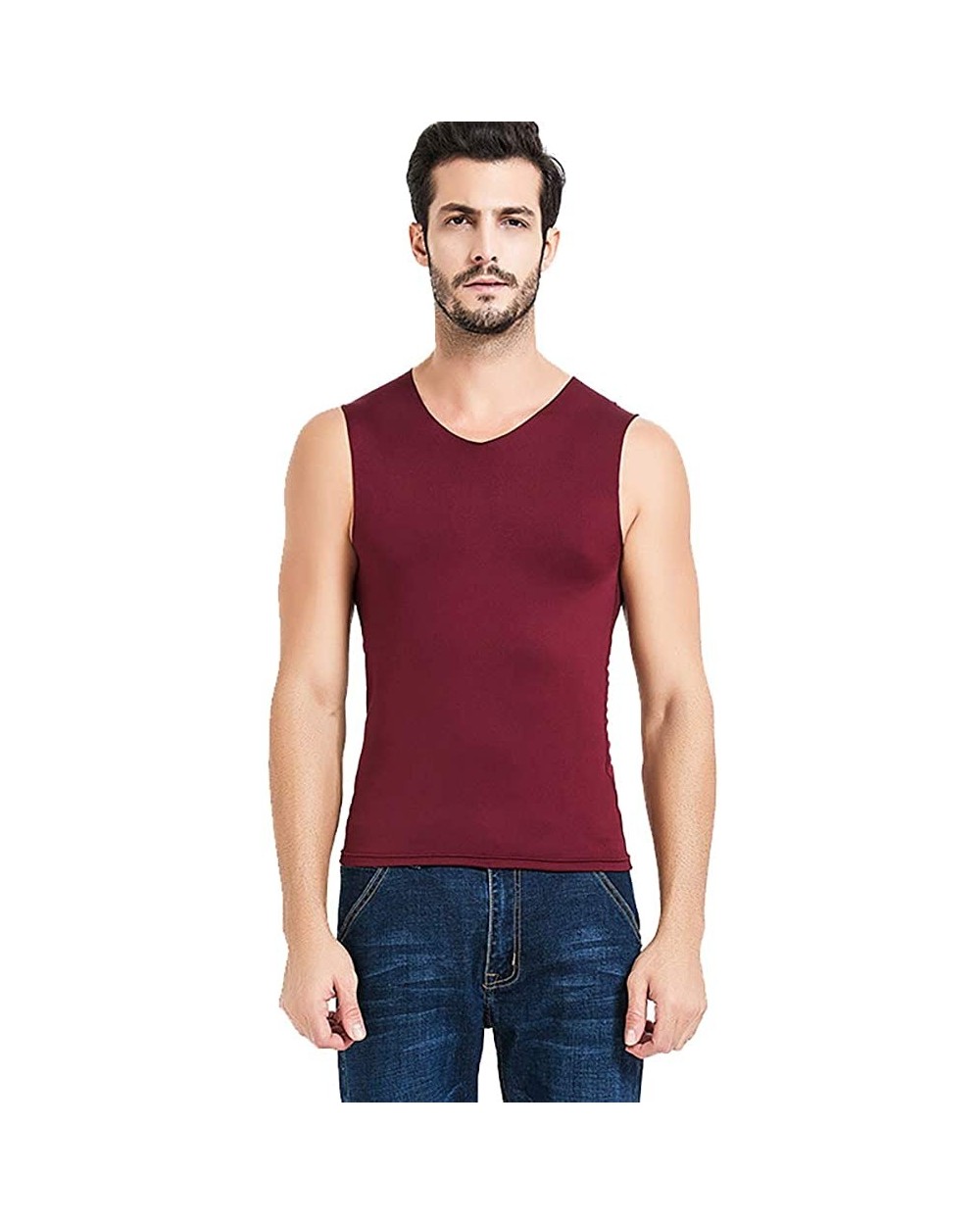 Men's V Neck Undershirt Tank Top Warm Sleeveless Thermal Vest - Wine Red - CF18AE48E8Q $22.14 Thermal Underwear