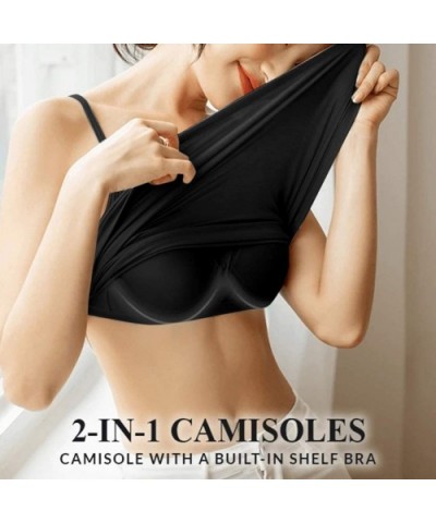 Women's Cotton Camisole Tops with Built in Bra Neck Vest Padded Slim Fit Tank Tops Underwear 2 in 1 Vest - Black - CF190TM034...