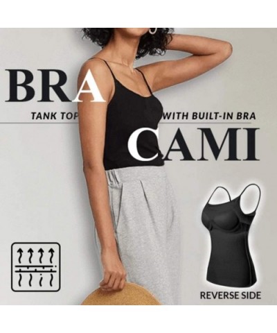 Women's Cotton Camisole Tops with Built in Bra Neck Vest Padded Slim Fit Tank Tops Underwear 2 in 1 Vest - Black - CF190TM034...