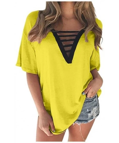 Cutout V Neck Tops for Women Women's Short Sleeve Summer Tee Shirt Casual Day T-Shirt Tunic Tops Plus Size - Yellow - CF199O8...