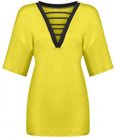 Cutout V Neck Tops for Women Women's Short Sleeve Summer Tee Shirt Casual Day T-Shirt Tunic Tops Plus Size - Yellow - CF199O8...