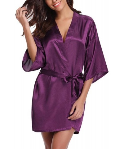 Womens Satin Robe Short Kimono for Bridesmaid and Bride Wedding Party Robes Loungewear Short Purple bridesmaid 2 - C218X0KRUQ...