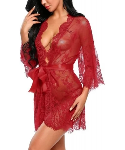 Women's Lace Kimono Robe Babydoll Lingerie Mesh Nightgown S-4XL - Dark Red - CQ189HLSSNA $30.81 Baby Dolls & Chemises