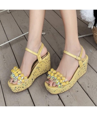 Women's Printed Platform Wedges Cute Printing Rhinestone Open Toe Ankle Buckle Sandals - Yellow - C6196IQ32EZ $58.27 Baby Dol...