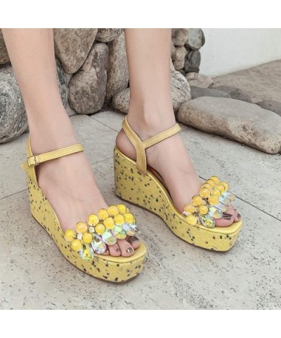 Women's Printed Platform Wedges Cute Printing Rhinestone Open Toe Ankle Buckle Sandals - Yellow - C6196IQ32EZ $58.27 Baby Dol...