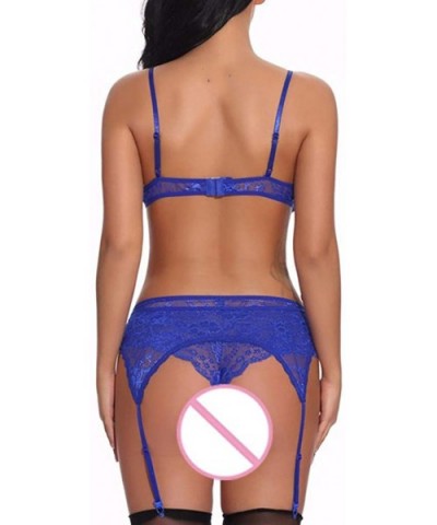 Women Sexy Lingerie Lace Babydoll Bodysuit Garter Belt Set - Blue - CK18W2G8Y4R $24.33 Baby Dolls & Chemises