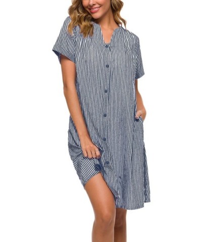 House Dress Women Cotton Duster Robe Short Sleeve Housecoat Button Down Nightgown - Navy Blue - CS18SYIOXWM $37.52 Nightgowns...