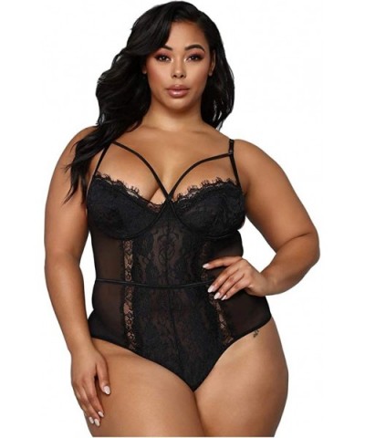 Women's Lace Strappy Teddy Bodysuit Lingerie Set - Black - CM19D0YE2SO $26.98 Baby Dolls & Chemises