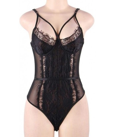 Women's Lace Strappy Teddy Bodysuit Lingerie Set - Black - CM19D0YE2SO $26.98 Baby Dolls & Chemises