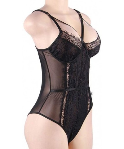 Women's Lace Strappy Teddy Bodysuit Lingerie Set - Black - CM19D0YE2SO $26.98 Baby Dolls & Chemises