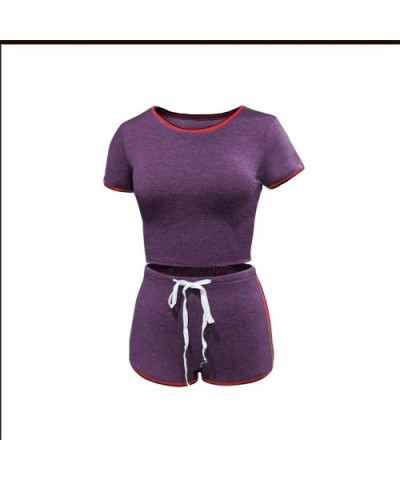 Two Piece Outfits for Women - Sexy Pajamas Crop Tops Workout Shorts Sweatsuits Sets - Stripe Purple - C7198Q4LASY $38.66 Sets