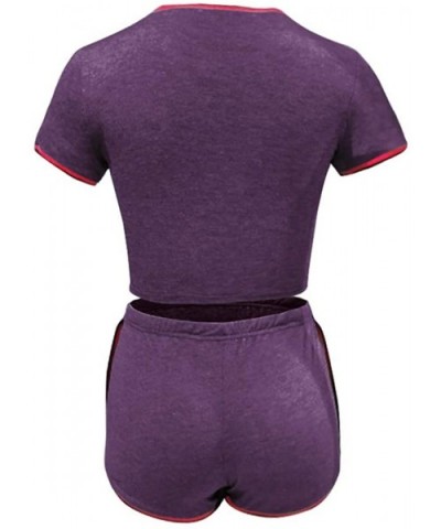 Two Piece Outfits for Women - Sexy Pajamas Crop Tops Workout Shorts Sweatsuits Sets - Stripe Purple - C7198Q4LASY $38.66 Sets