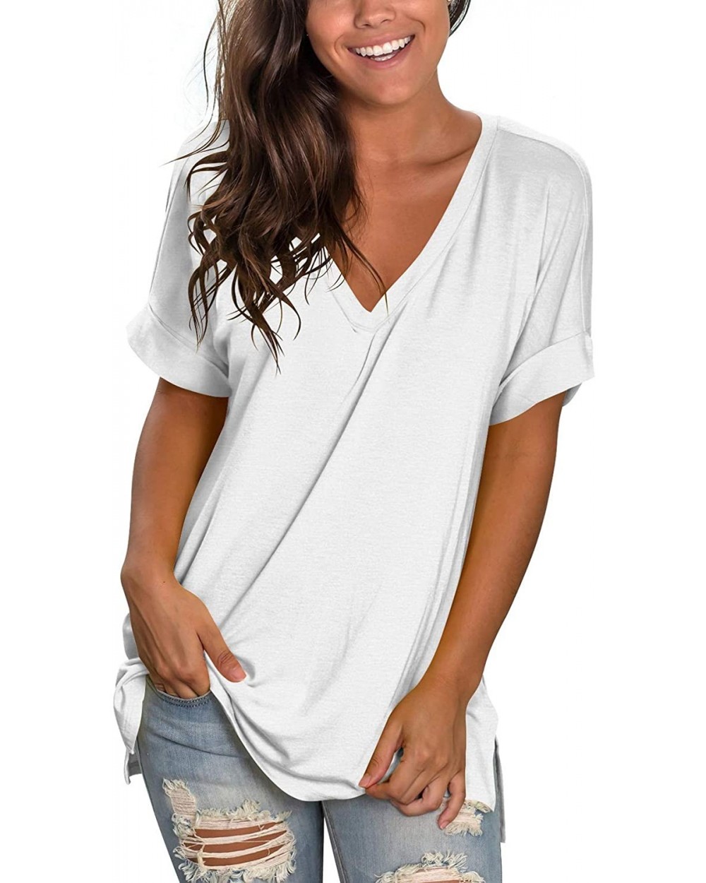 Women's Tshirts Casual V Neck Short Sleeve Loose Summer Tunic Tops - S White - C019C23CX4C $28.30 Tops