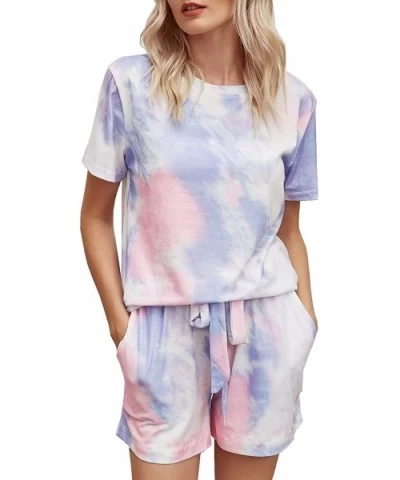 Women's Pajamas Short Sets Tie Dye Short Sleeve Top Elastic Waist Shorts Sleepwear Loungewear Nightgown - Purple - C019DAHNYA...