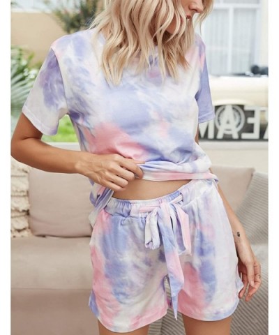 Women's Pajamas Short Sets Tie Dye Short Sleeve Top Elastic Waist Shorts Sleepwear Loungewear Nightgown - Purple - C019DAHNYA...