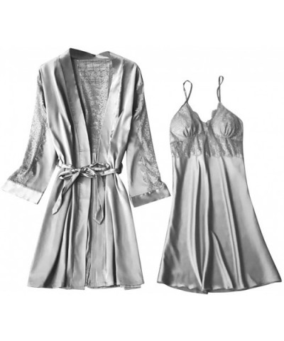 Women Silky Robe Set Sexy Satin Kimono Bathrobe Camisole Nightdress Sleepwear - Gray - CG193Z3E3GC $25.88 Robes