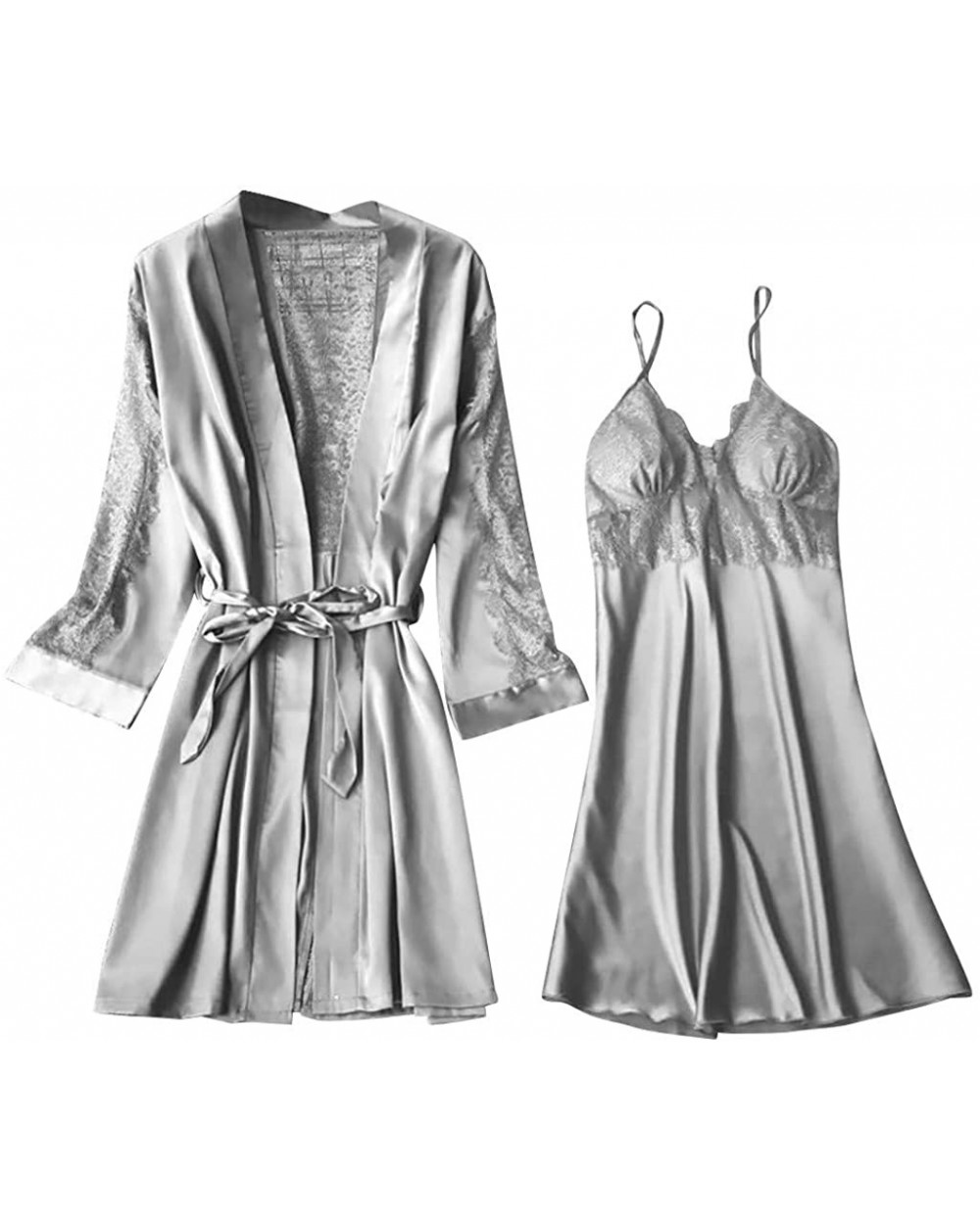 Women Silky Robe Set Sexy Satin Kimono Bathrobe Camisole Nightdress Sleepwear - Gray - CG193Z3E3GC $25.88 Robes