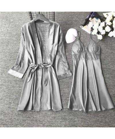 Women Silky Robe Set Sexy Satin Kimono Bathrobe Camisole Nightdress Sleepwear - Gray - CG193Z3E3GC $25.88 Robes