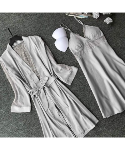 Women Silky Robe Set Sexy Satin Kimono Bathrobe Camisole Nightdress Sleepwear - Gray - CG193Z3E3GC $25.88 Robes