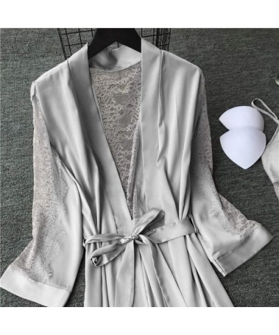 Women Silky Robe Set Sexy Satin Kimono Bathrobe Camisole Nightdress Sleepwear - Gray - CG193Z3E3GC $25.88 Robes