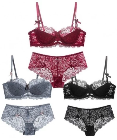 Sexy Lace Push Up Thin Bra Set Floral Embroidery Underwear for Women - Gray+black+wine Red - CQ1927H7YA4 $63.36 Bras