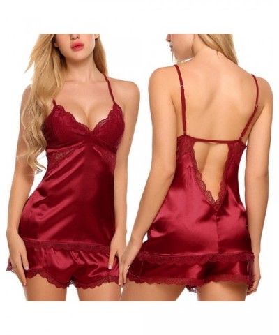 Women's Lace Trim Satin Charmeuse Camisole and Tap Panty Set - Dark Red - CT18CLW7WN8 $52.81 Sets