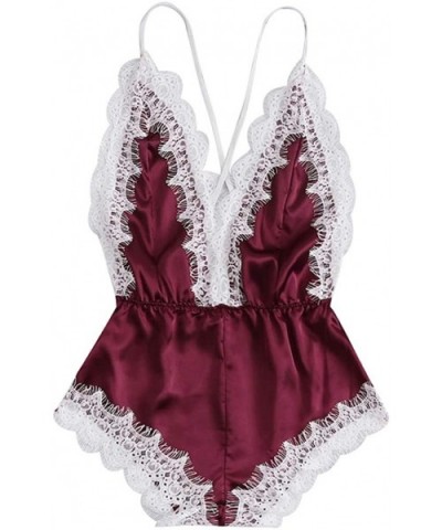 Sleepwear-Fashion Sissy Women Lingerie Girl V-Neck Lace Splice Bodysuit - Wine Red - CG18NY6W8R2 $11.40 Sets