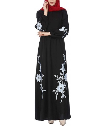 Women's Muslim Dress Beaded Long Sleeve Loose Robe Dubai Abaya Dress Turkish Traditional Arab Islamic Jilbab Kaftan - 47 Blac...