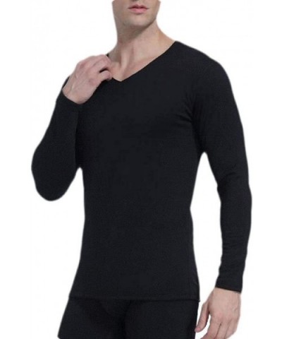 Men Lightweight Long Sleeve Slim Thermal V-Neck Fleece Lined Thermal Top - Black - C3192AW55WN $26.77 Thermal Underwear