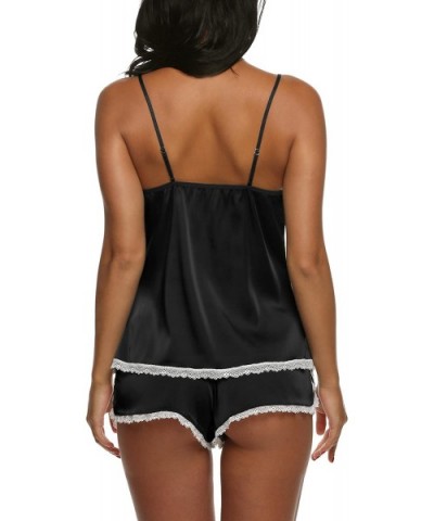 Womens V Neck Sleepwear Satin Pajama Cami Set Sexy Short Nightwear - Black - CS1895G9GED $19.02 Sets