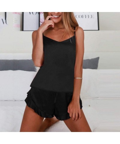 Womens Soft Satin Pajamas Set Solid Color Lace Trim Lingerie Cami Top + Bowknot Shorts 2 Piece Nightwear S L D black - CE1954...