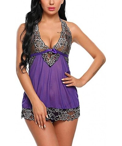 Women Sexy Lace Lingerie Mesh Chemise V Neck Babydoll Full Slip Nightdress - Purple - CZ18AGQ22EO $12.47 Accessories