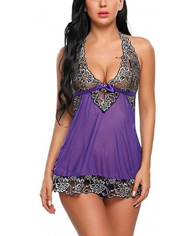 Women Sexy Lace Lingerie Mesh Chemise V Neck Babydoll Full Slip Nightdress - Purple - CZ18AGQ22EO $12.47 Accessories