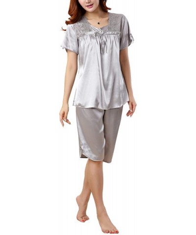 Men's Women's Couple Silk Satin Pajama Sets 2 Pieces Sleepwear Set Loungewear Pajamas - Women/Short Sleeve gray - CF18NXXMTCG...