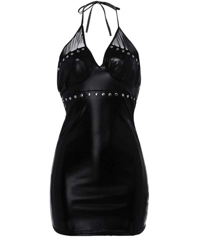 Women's Sexy Leather Bodysuit Ladies Black V-Neck Halter Rivet Sleeveless Mini Dress Jumpsuit Clubwear - Black - CG192ZAC9NM ...