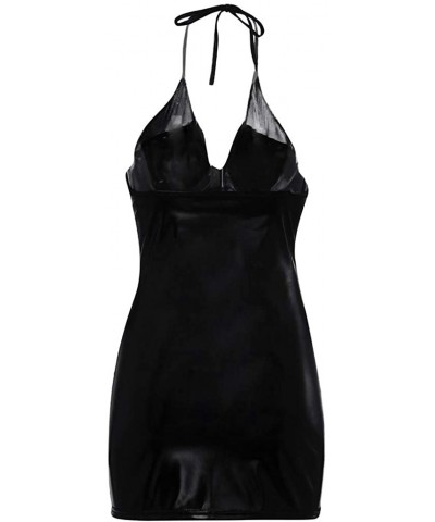 Women's Sexy Leather Bodysuit Ladies Black V-Neck Halter Rivet Sleeveless Mini Dress Jumpsuit Clubwear - Black - CG192ZAC9NM ...