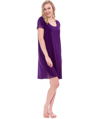 Women's Jersey Nightgown with Lace - Delicate Night Dress (Sonarina) - Acai - CQ12LNQ7F6N $19.20 Nightgowns & Sleepshirts