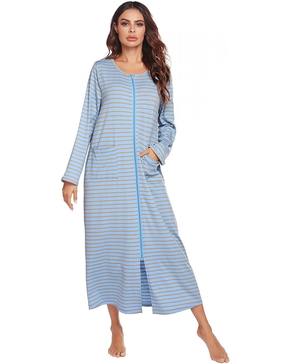 Women Long House Coat Zipper Front Robes Full Length Nightgowns with Pockets Striped Loungewear - Pt 9 - CA19856QR9G $55.15 R...