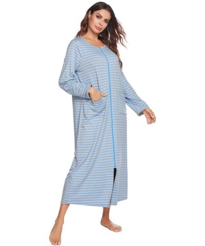 Women Long House Coat Zipper Front Robes Full Length Nightgowns with Pockets Striped Loungewear - Pt 9 - CA19856QR9G $55.15 R...