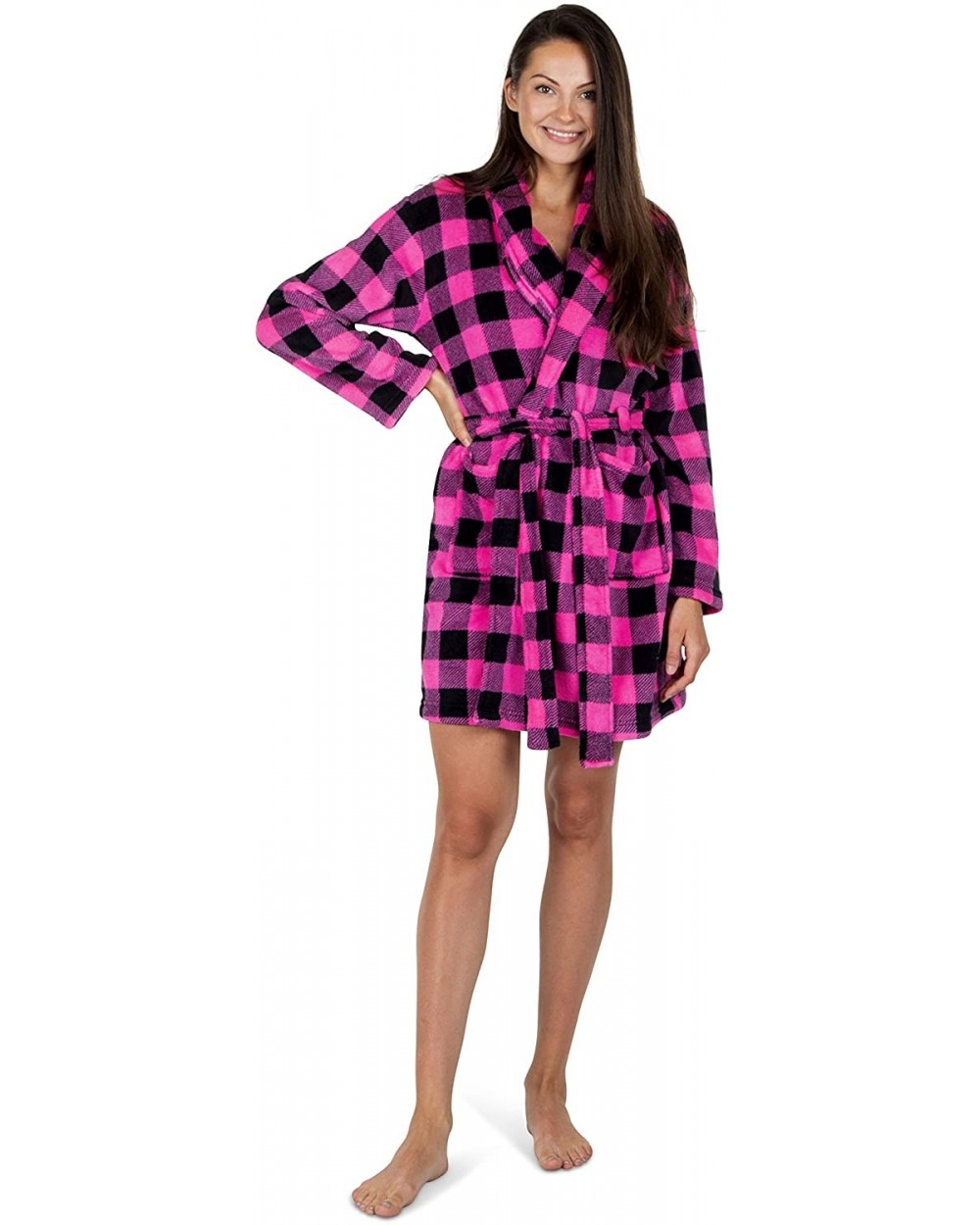 Plush Womens Bathrobe Buffalo Plaid Lightweight Robes for Women Pajama - Fuchsia Robe - CO18RCRY709 $22.78 Robes