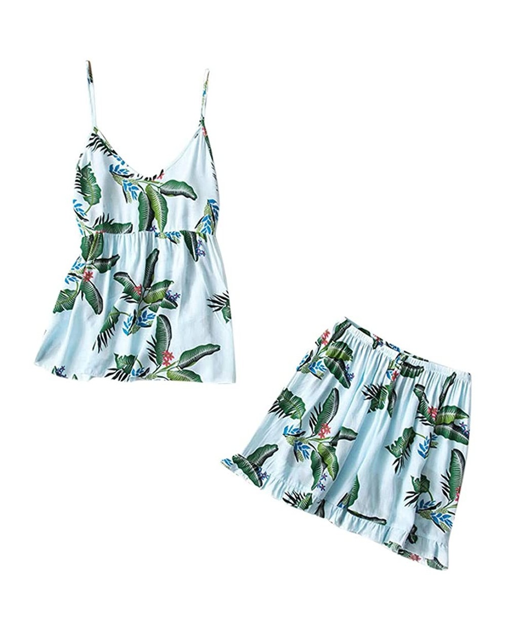 Womens Notch Collar Palm Leaf Print Sleepwear Camis and Short Pajama Set Sexy Stain Sliky Lingerie Nighties Blue - CL194LCTR6...