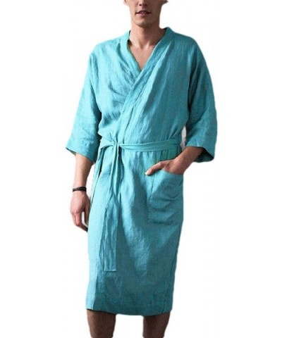 Mens Fashion Ankle-Length Soft Plus-Size Hotel Cotton Linen Solid Leisure Lounge Robe - Blue - CL19CAD72XG $42.34 Robes