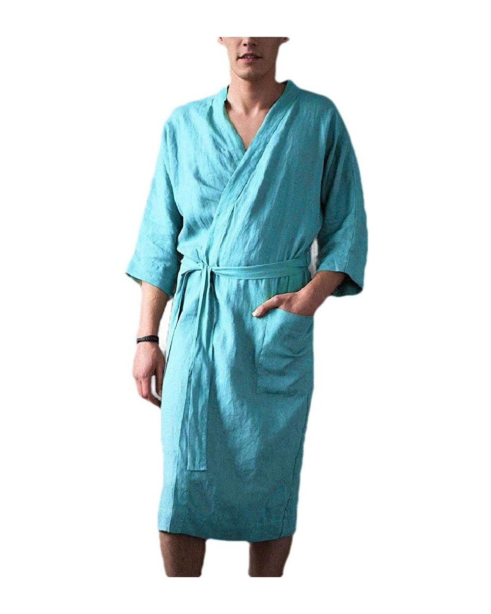 Mens Fashion Ankle-Length Soft Plus-Size Hotel Cotton Linen Solid Leisure Lounge Robe - Blue - CL19CAD72XG $42.34 Robes