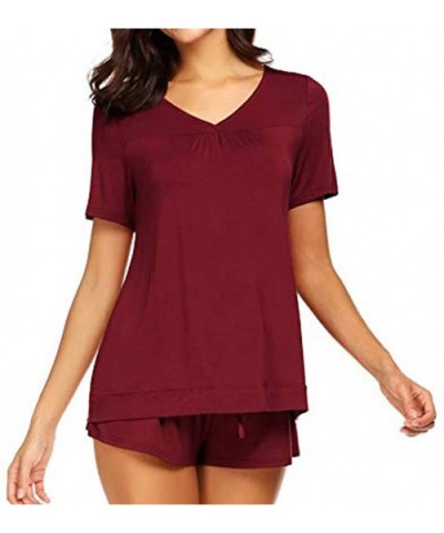 Womens Sleepwear Set Pajama Sets Button up Short Sleeve Top Blouse Tank and Shorts Set - Wine - CM18S57Z98K $20.38 Sets