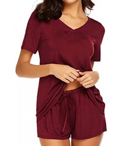 Womens Sleepwear Set Pajama Sets Button up Short Sleeve Top Blouse Tank and Shorts Set - Wine - CM18S57Z98K $20.38 Sets