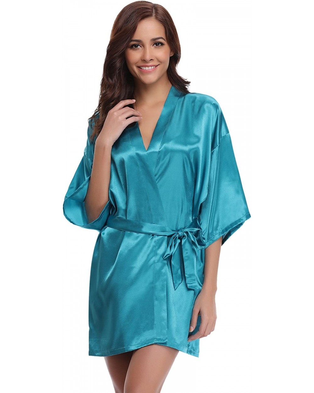 Women's Kimono Robes Satin Pure Colour Short Style with Oblique V-Neck Robe - Peacock Blue - CD12ISQIFLF $24.85 Robes