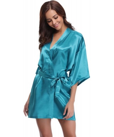 Women's Kimono Robes Satin Pure Colour Short Style with Oblique V-Neck Robe - Peacock Blue - CD12ISQIFLF $24.85 Robes