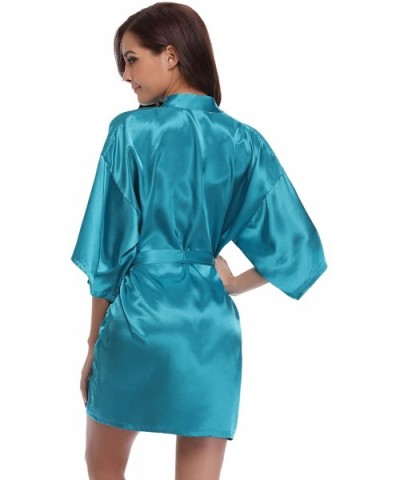 Women's Kimono Robes Satin Pure Colour Short Style with Oblique V-Neck Robe - Peacock Blue - CD12ISQIFLF $24.85 Robes